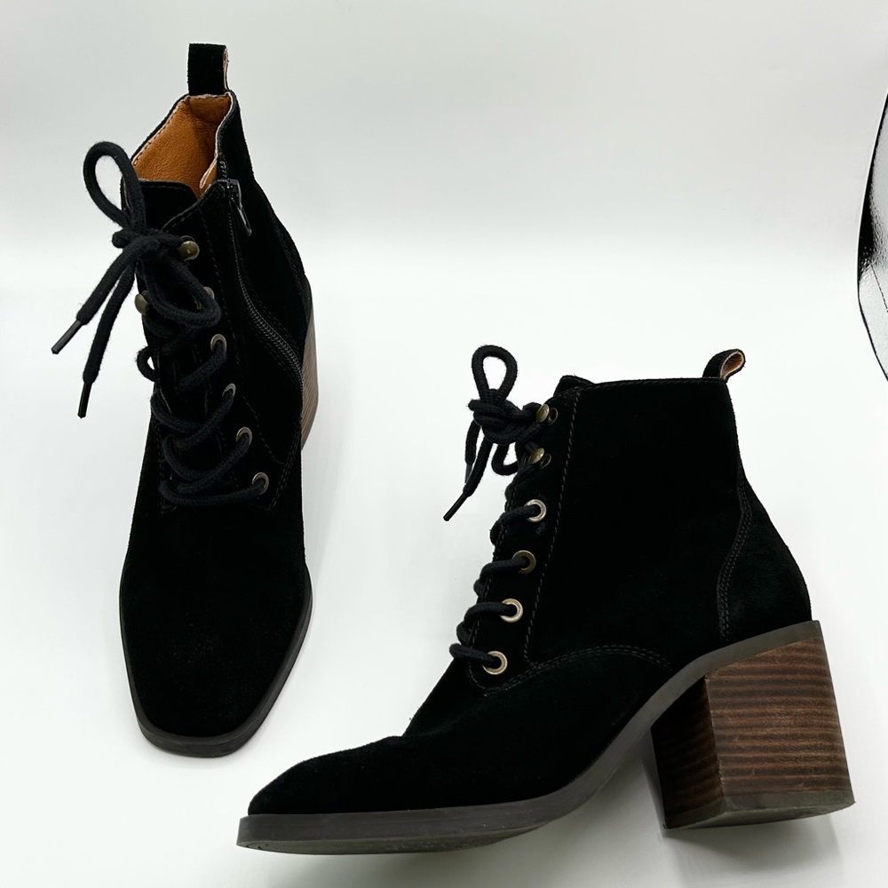 Lucky Brand Black Suede Leather Heeled Ankle Booties Boots Women’s Size 6.5